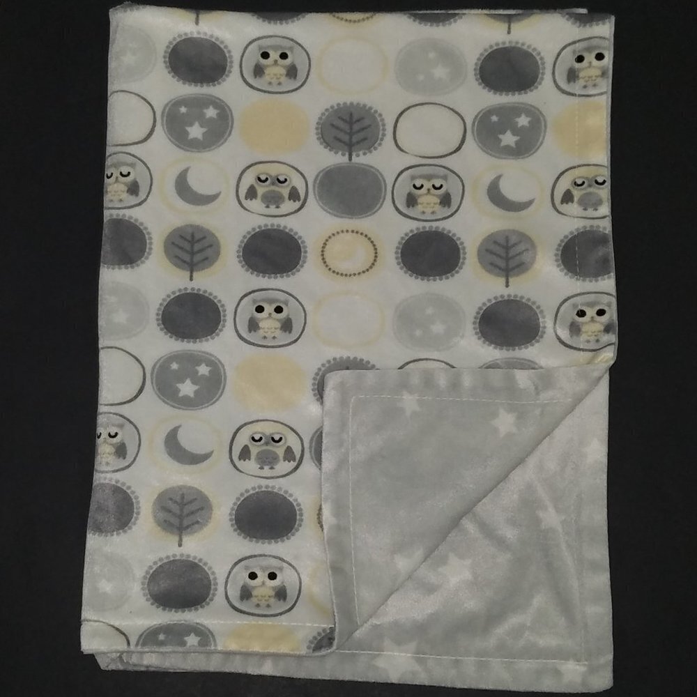RN 119741 Owl Tree Stars Moon Fleece Baby Blanket Lovey Gray Yellow White SOFT